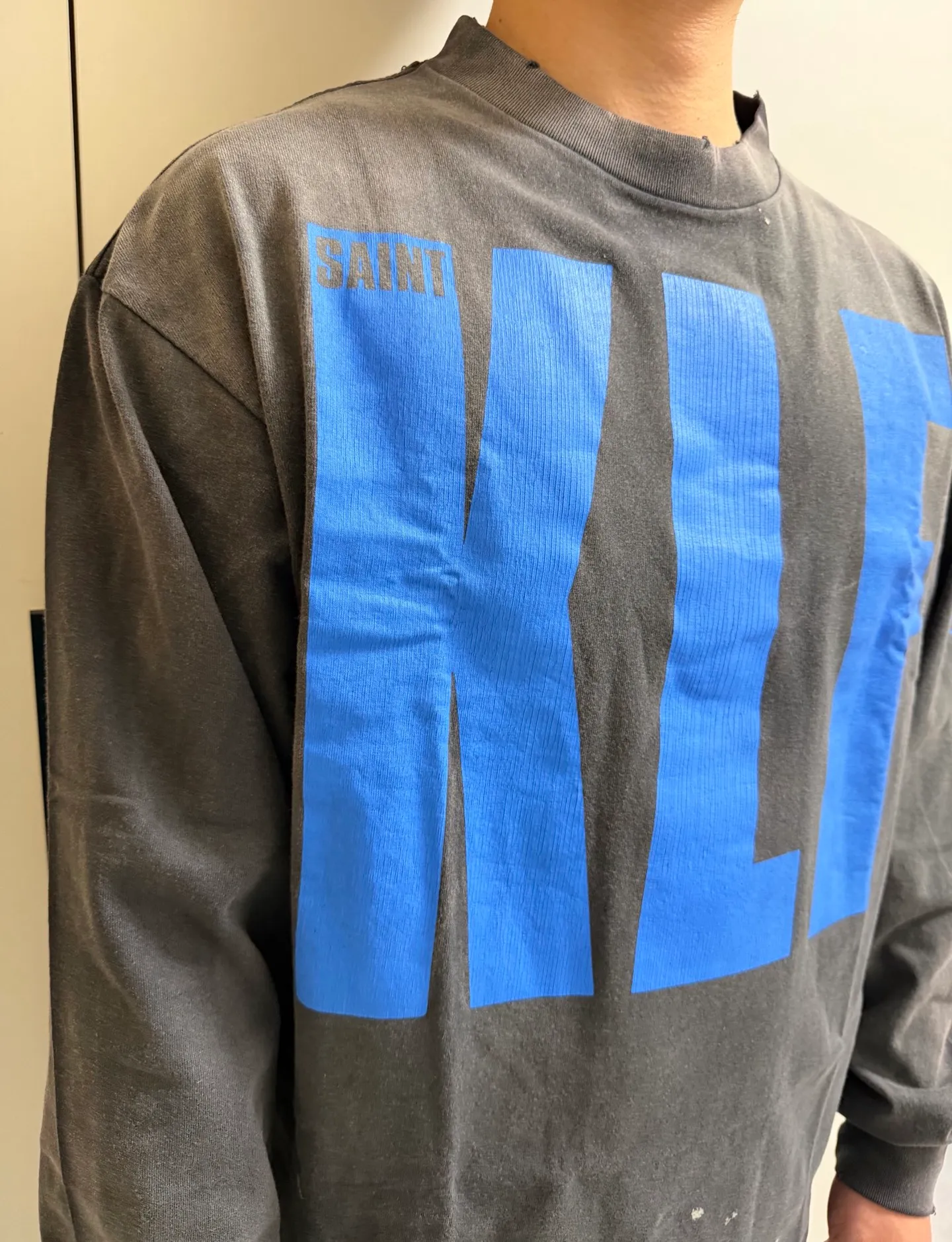 SAINT Mxxxxxx × The KLF BLUE KLF_LS TEE KLF/BLK Blue KLF tape recorder long sleeves Washed black S-XL Completely aligned Tube weaving fabric without side seams Garment dyeing Macau water fading and distressing Simulated sun washing and fading treatment Natural and perfect fading Hand-made holes and fraying Ink splashing treatment Correct main mark/wash mark/cherub anti-counterfeiting mark